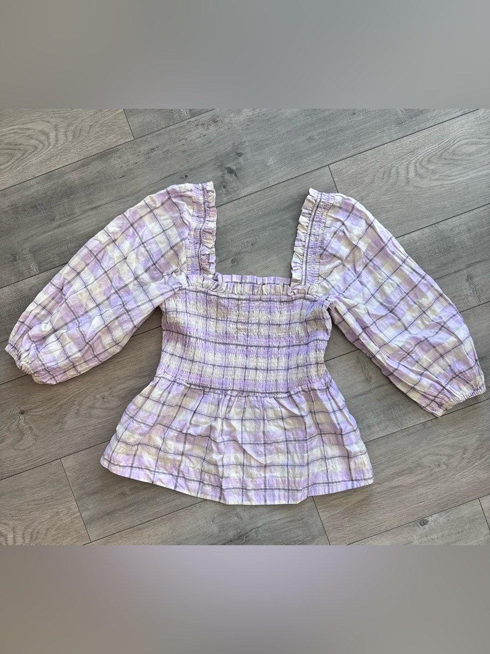 Ganni Seersucker Check Smocked Plaid Blouse-Orchid Bloom Size 42/L